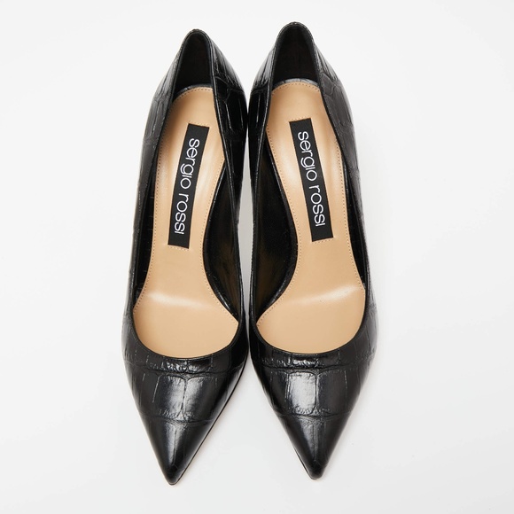 Sergio Rossi Black Croc Embossed Leather Pointed Toe Pumps Stiletto heel Shoes - Picture 4 of 16